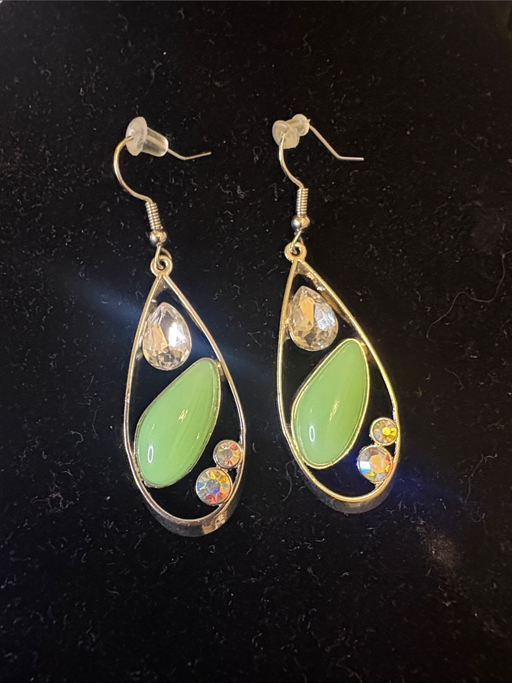 Green Teardrop Dangle Earrings with Crystal Accents by